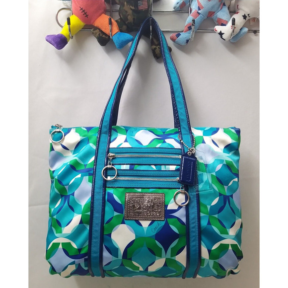 Coach Poppy Multicolor Canvas Leather Trim Zipper Pocket Tote Shoulder Bag - Picture 1 of 16